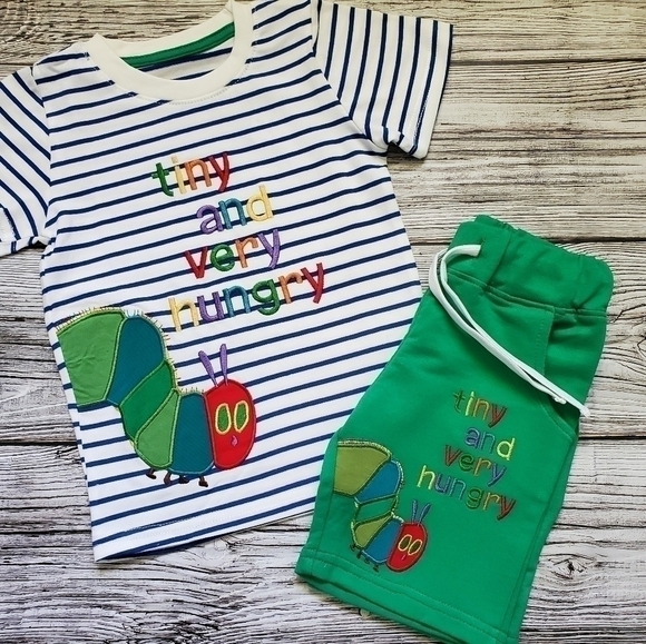 The Very Hungry Caterpillar T-Shirt Shorts Outfit Handmade Strawberry Picking - Picture 1 of 10